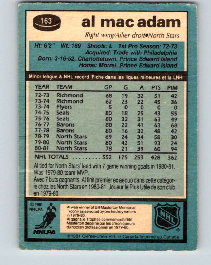 1981-82 O-Pee-Chee #163 Al MacAdam Minnesota North Stars V30609