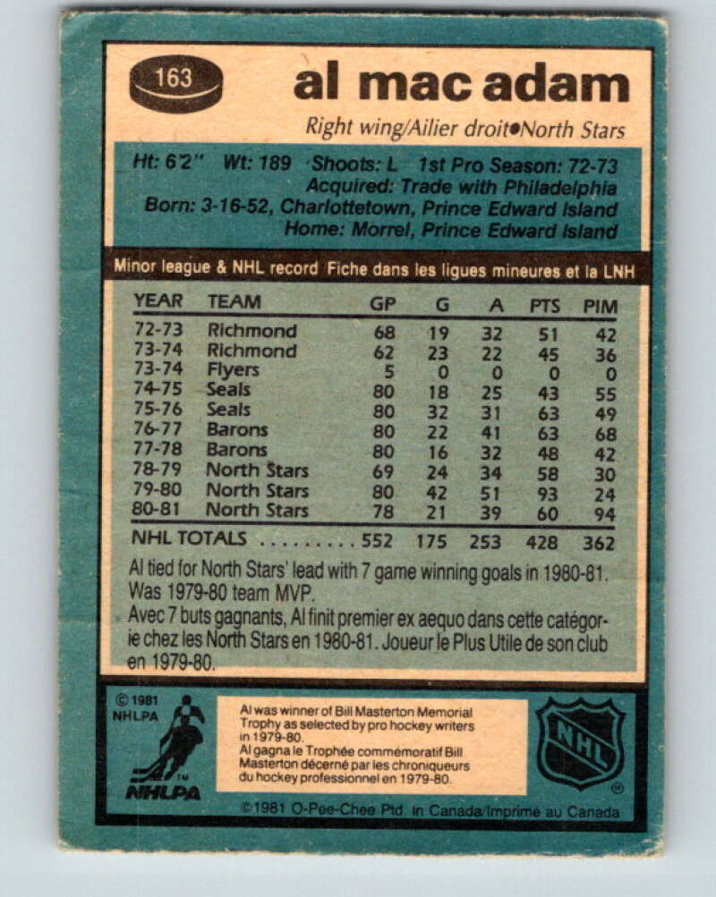 1981-82 O-Pee-Chee #163 Al MacAdam Minnesota North Stars V30610