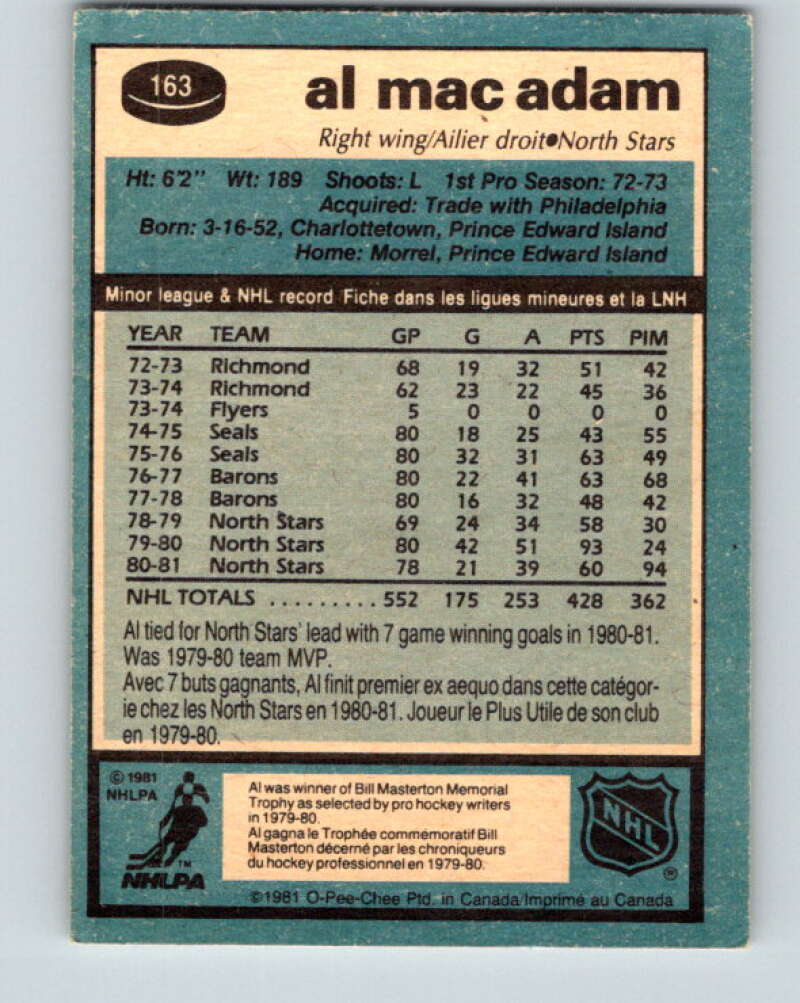 1981-82 O-Pee-Chee #163 Al MacAdam Minnesota North Stars V30617