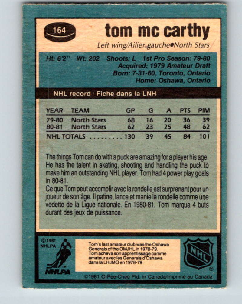 1981-82 O-Pee-Chee #164 Tom McCarthy Minnesota North Stars V30618