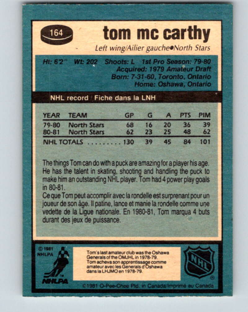 1981-82 O-Pee-Chee #164 Tom McCarthy Minnesota North Stars V30620
