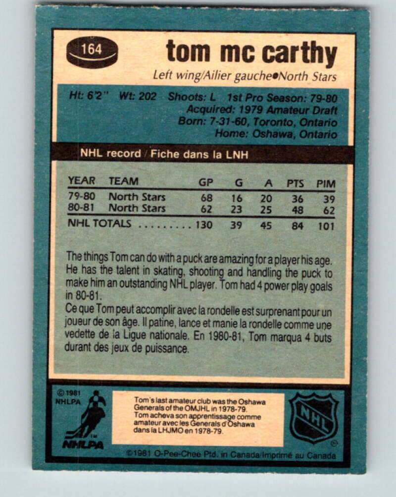 1981-82 O-Pee-Chee #164 Tom McCarthy Minnesota North Stars V30621
