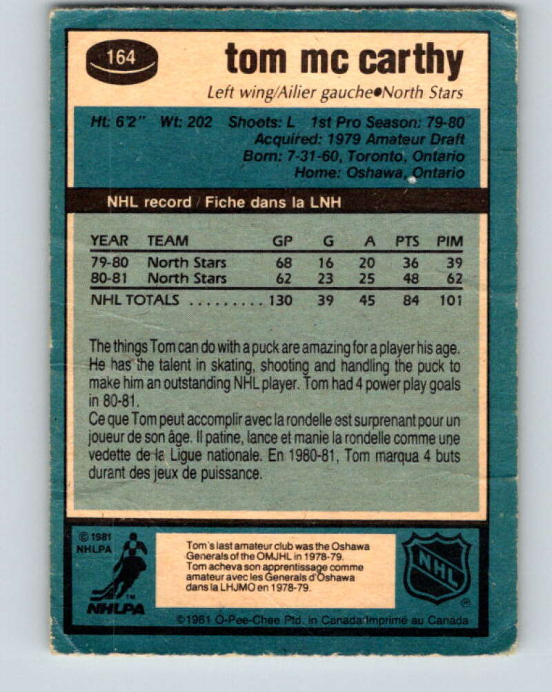 1981-82 O-Pee-Chee #164 Tom McCarthy Minnesota North Stars V30622