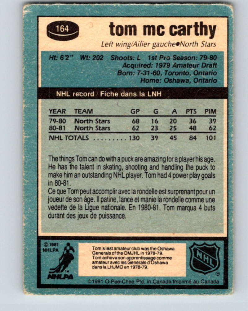1981-82 O-Pee-Chee #164 Tom McCarthy Minnesota North Stars V30626
