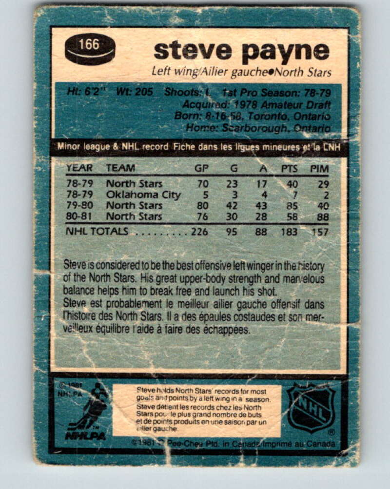1981-82 O-Pee-Chee #166 Steve Payne Minnesota North Stars V30637