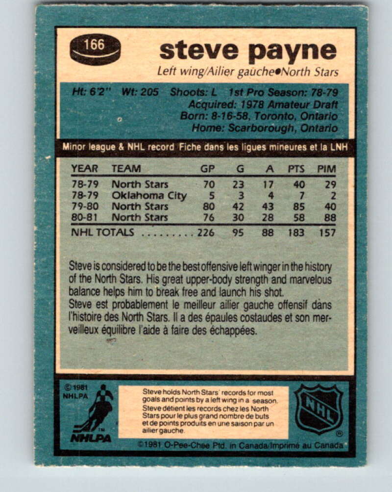 1981-82 O-Pee-Chee #166 Steve Payne Minnesota North Stars V30638