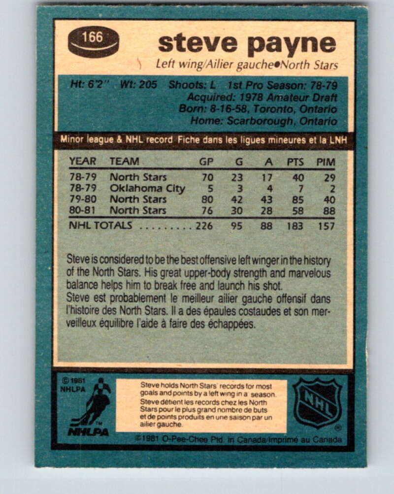 1981-82 O-Pee-Chee #166 Steve Payne Minnesota North Stars V30639