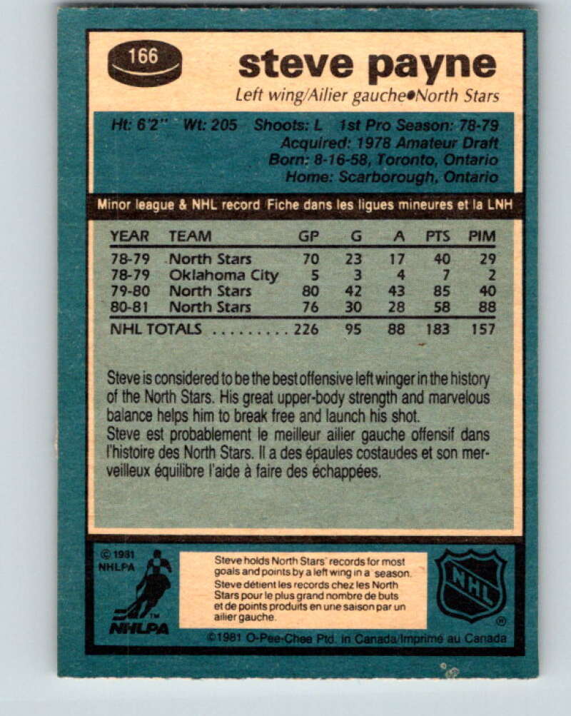 1981-82 O-Pee-Chee #166 Steve Payne Minnesota North Stars V30640