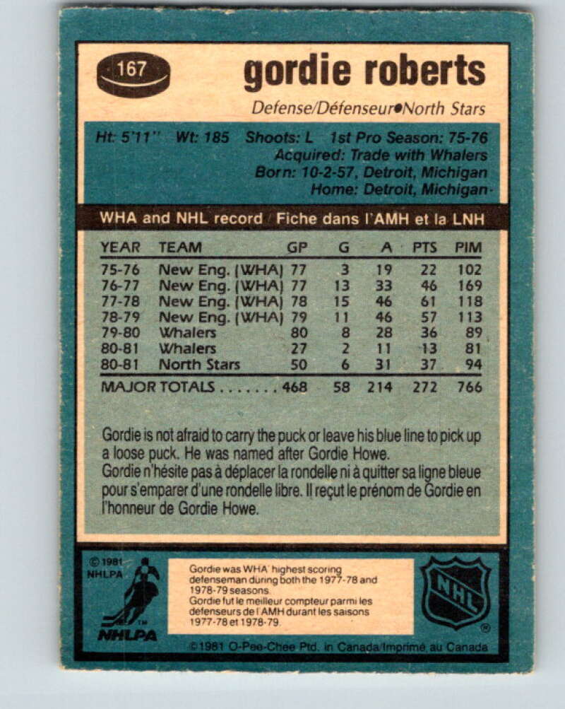 1981-82 O-Pee-Chee #167 Gordie Roberts Minnesota North Stars V30641