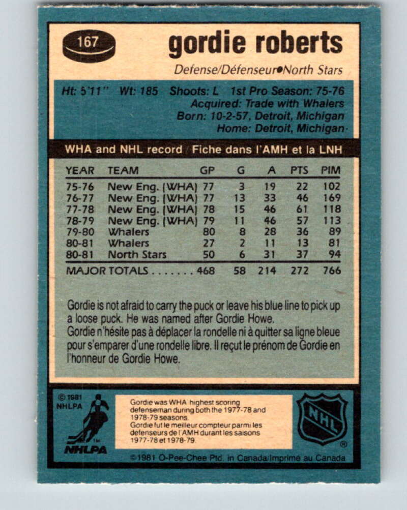 1981-82 O-Pee-Chee #167 Gordie Roberts Minnesota North Stars V30643