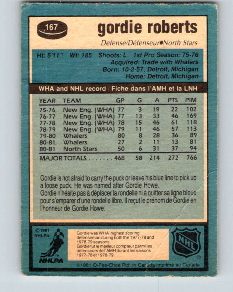 1981-82 O-Pee-Chee #167 Gordie Roberts Minnesota North Stars V30645