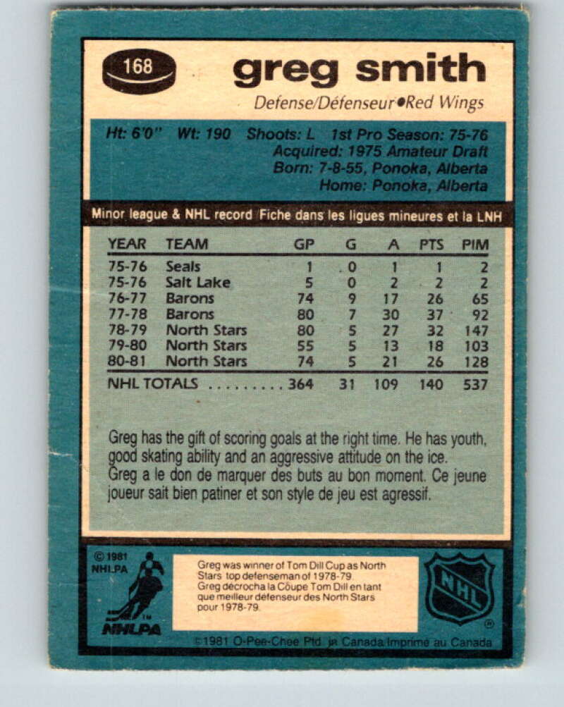 1981-82 O-Pee-Chee #168 Greg Smith Detroit Red Wings V30648