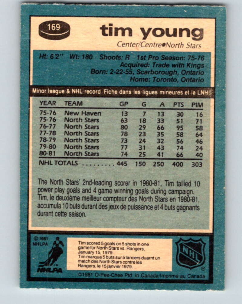 1981-82 O-Pee-Chee #169 Tim Young Minnesota North Stars V30659