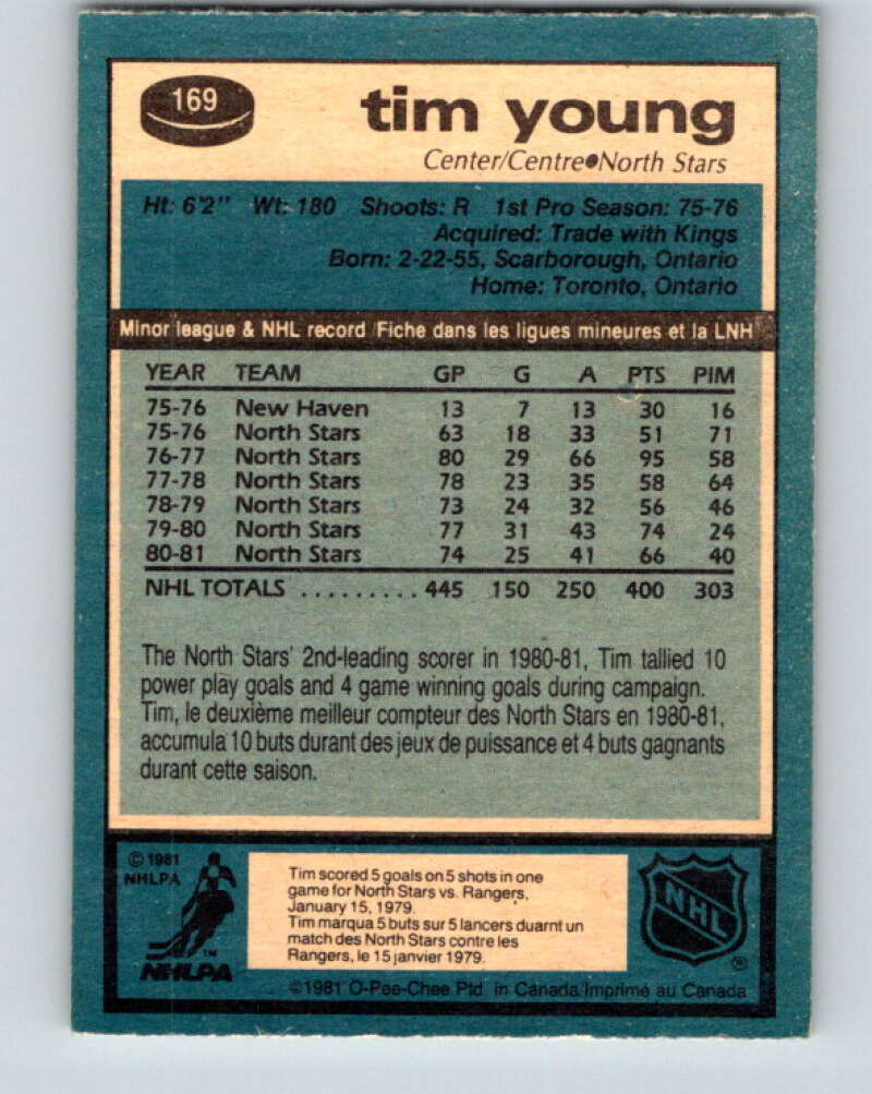 1981-82 O-Pee-Chee #169 Tim Young Minnesota North Stars V30660