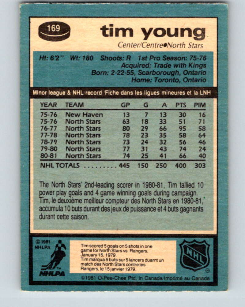 1981-82 O-Pee-Chee #169 Tim Young Minnesota North Stars V30661
