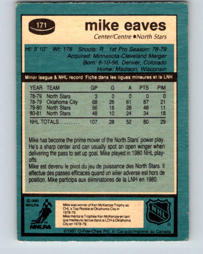 1981-82 O-Pee-Chee #171 Mike Eaves Minnesota North Stars V30673