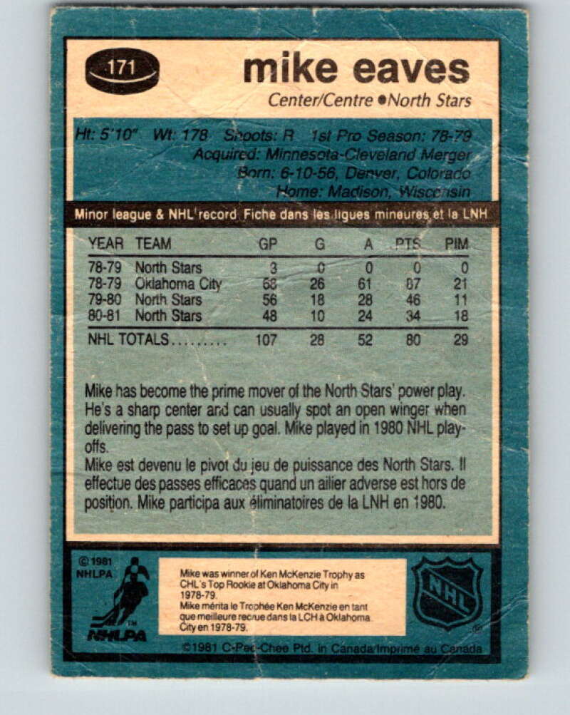 1981-82 O-Pee-Chee #171 Mike Eaves Minnesota North Stars V30674