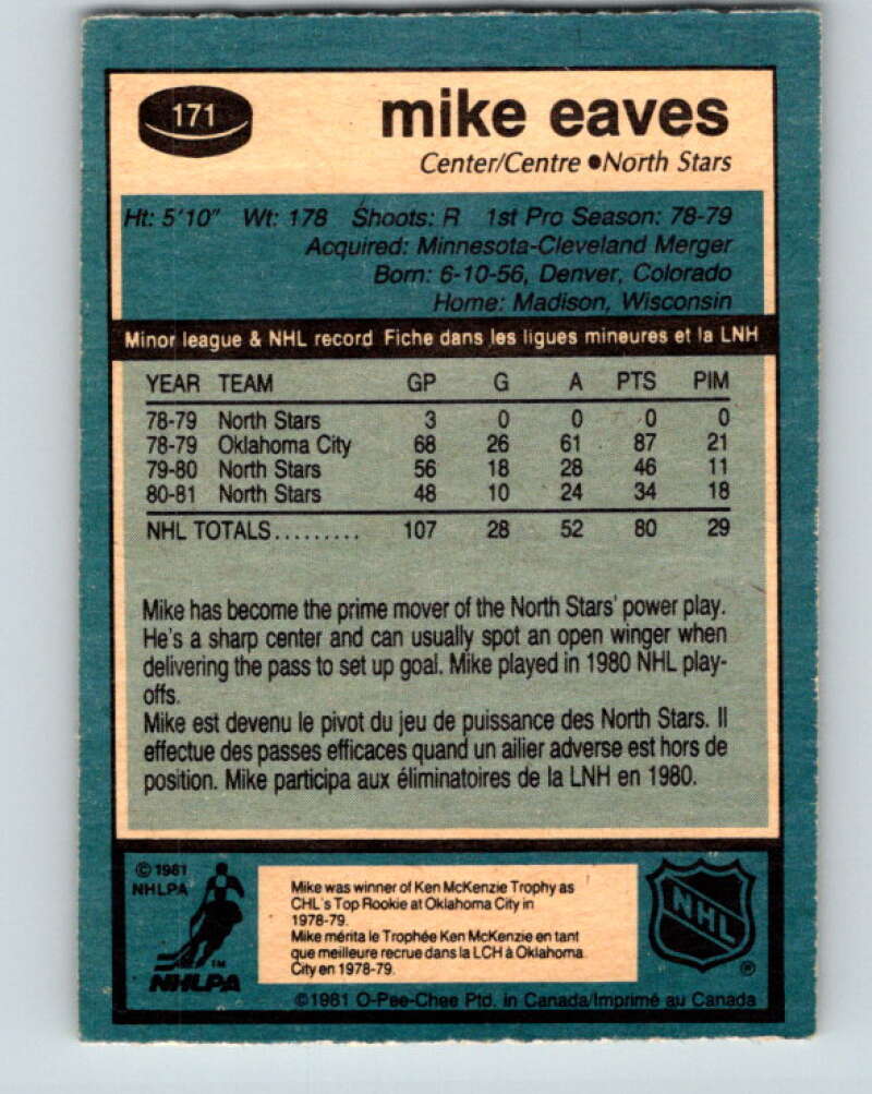 1981-82 O-Pee-Chee #171 Mike Eaves Minnesota North Stars V30675