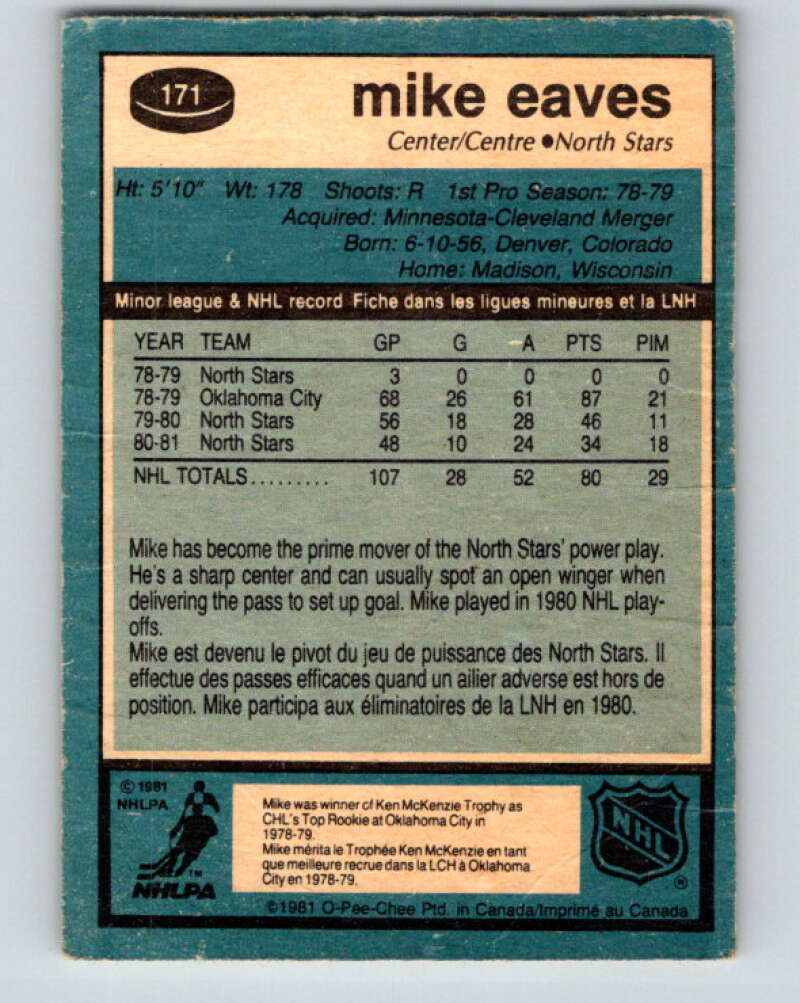 1981-82 O-Pee-Chee #171 Mike Eaves Minnesota North Stars V30676