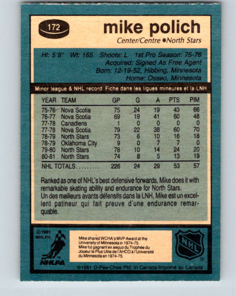 1981-82 O-Pee-Chee #172 Mike Polich Minnesota North Stars V30682
