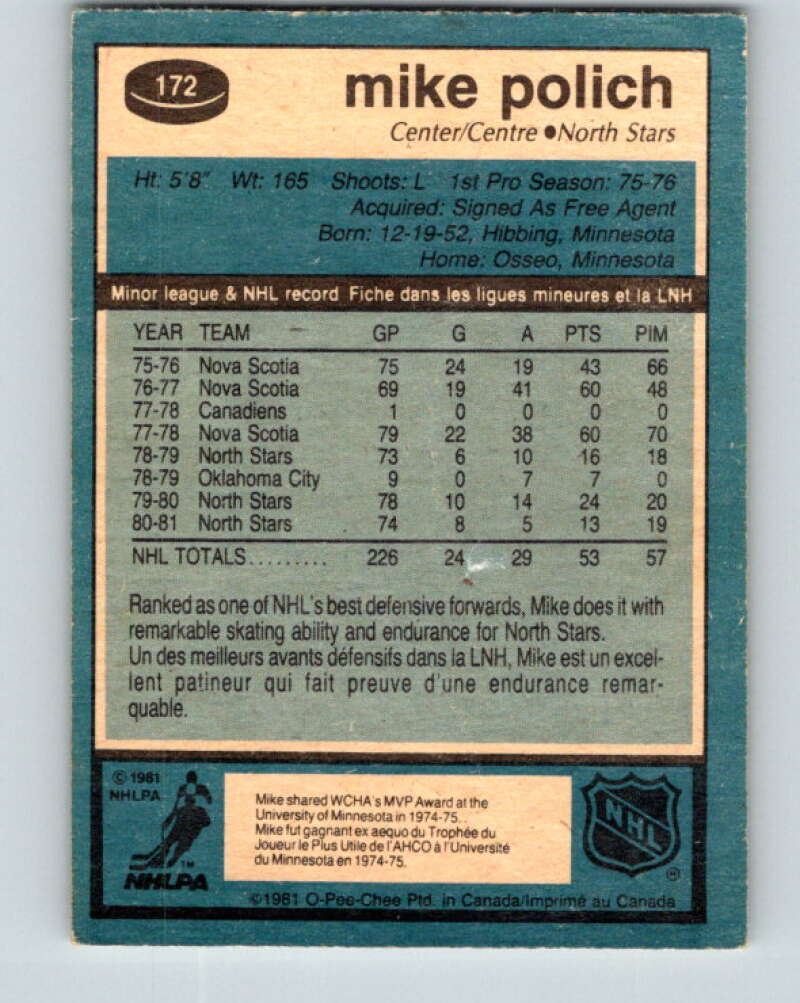 1981-82 O-Pee-Chee #172 Mike Polich Minnesota North Stars V30688