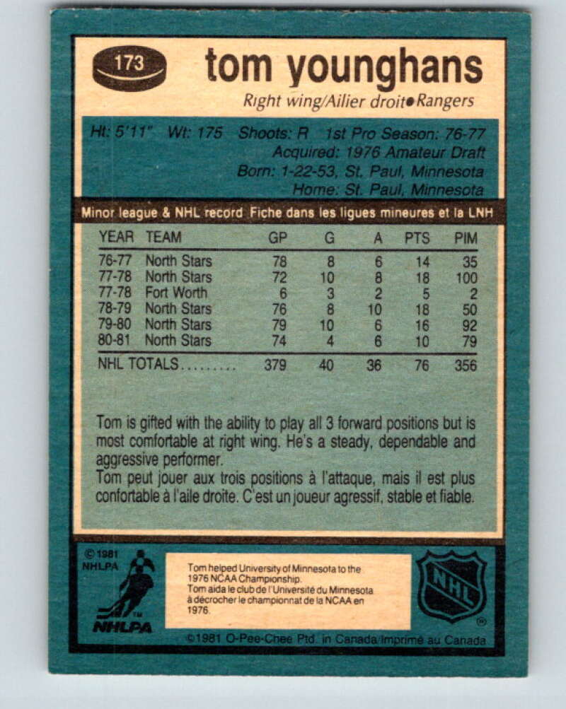 1981-82 O-Pee-Chee #173 Tom Younghans New York Rangers V30693