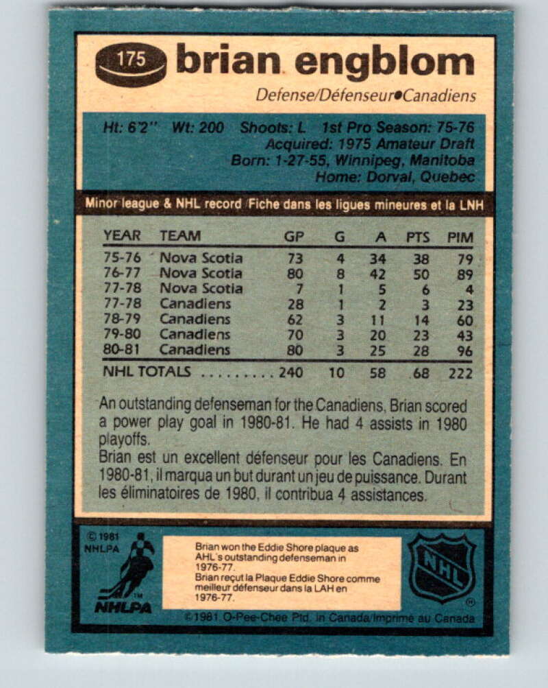1981-82 O-Pee-Chee #175 Brian Engblom Montreal Canadiens V30702