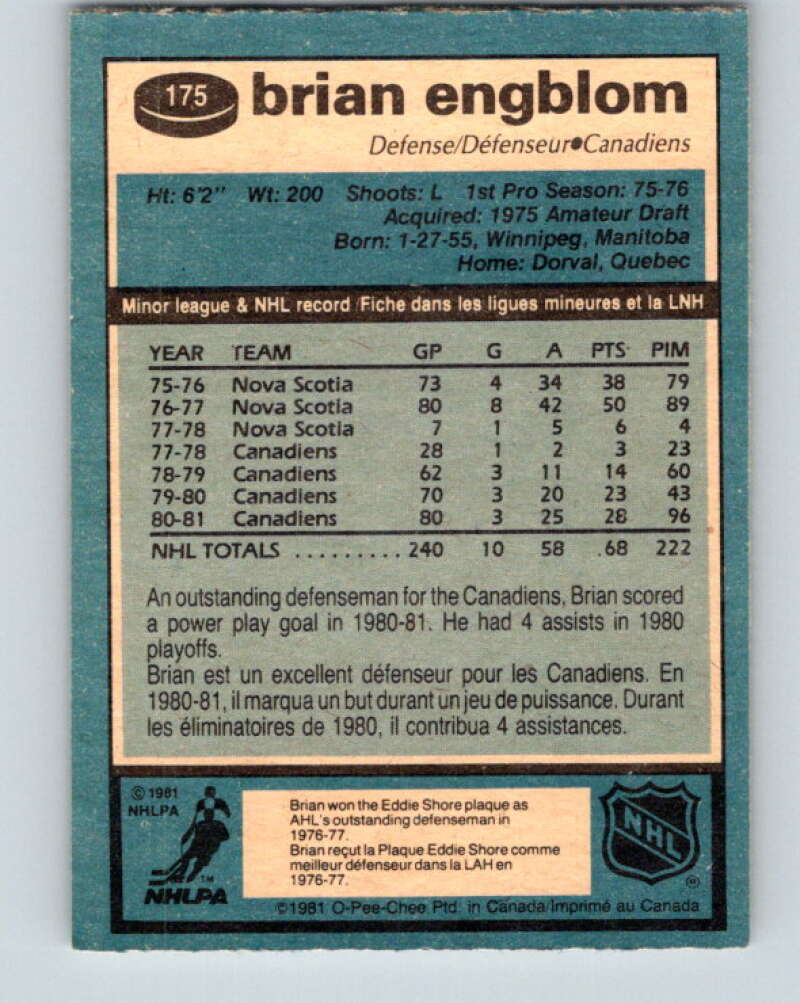 1981-82 O-Pee-Chee #175 Brian Engblom Montreal Canadiens V30704