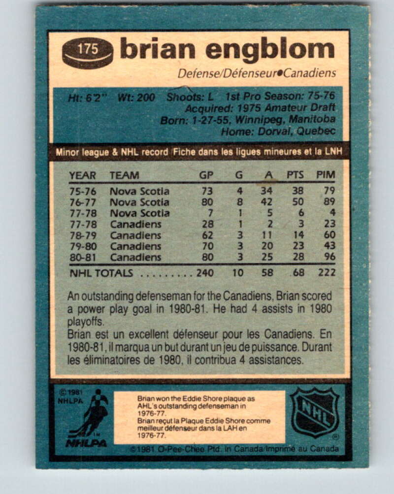 1981-82 O-Pee-Chee #175 Brian Engblom Montreal Canadiens V30705
