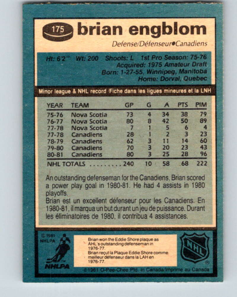 1981-82 O-Pee-Chee #175 Brian Engblom Montreal Canadiens V30706