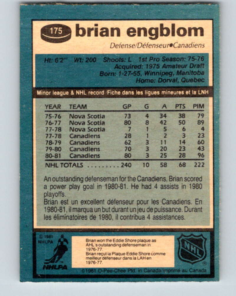 1981-82 O-Pee-Chee #175 Brian Engblom Montreal Canadiens V30707