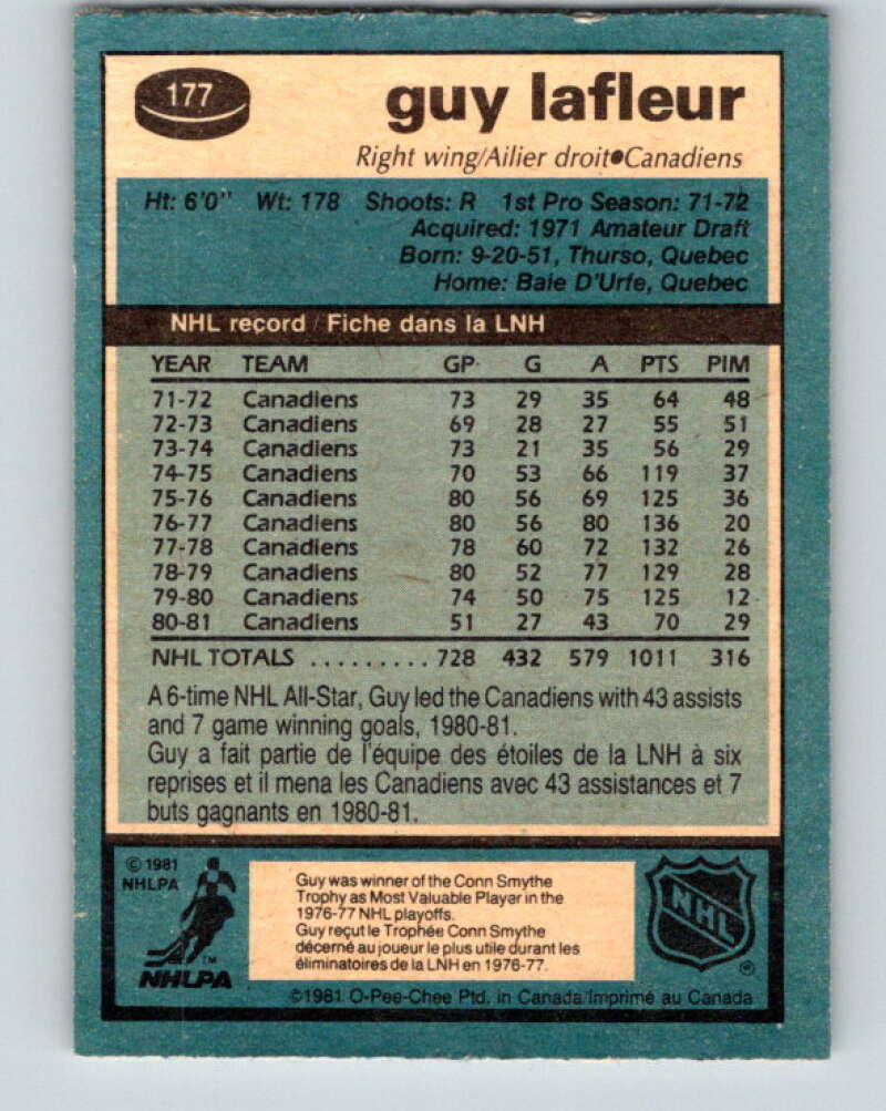 1981-82 O-Pee-Chee #177 Guy Lafleur Montreal Canadiens V30714