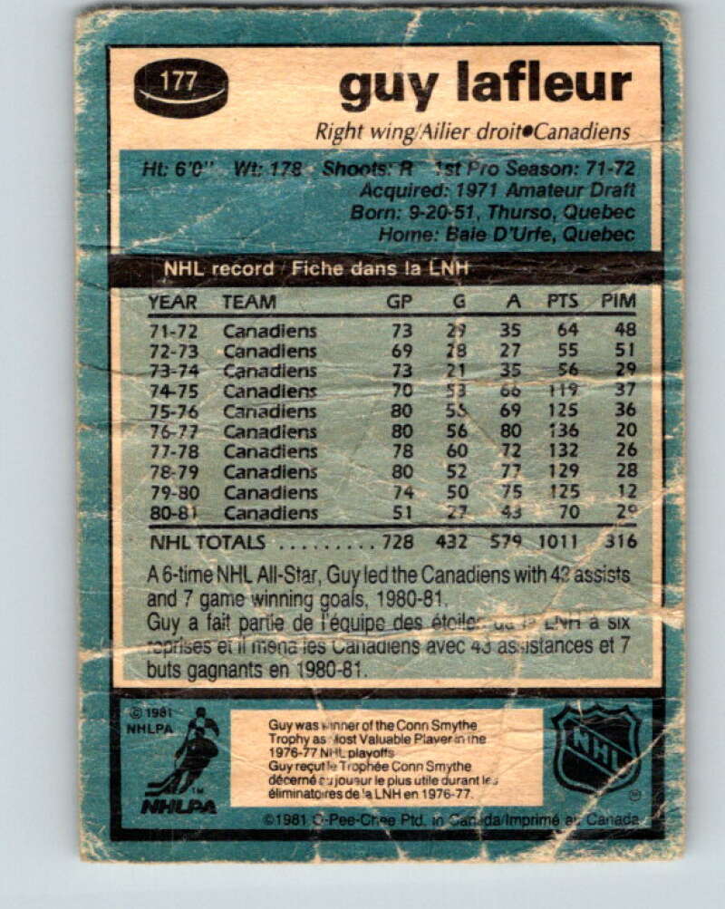 1981-82 O-Pee-Chee #177 Guy Lafleur Montreal Canadiens V30715