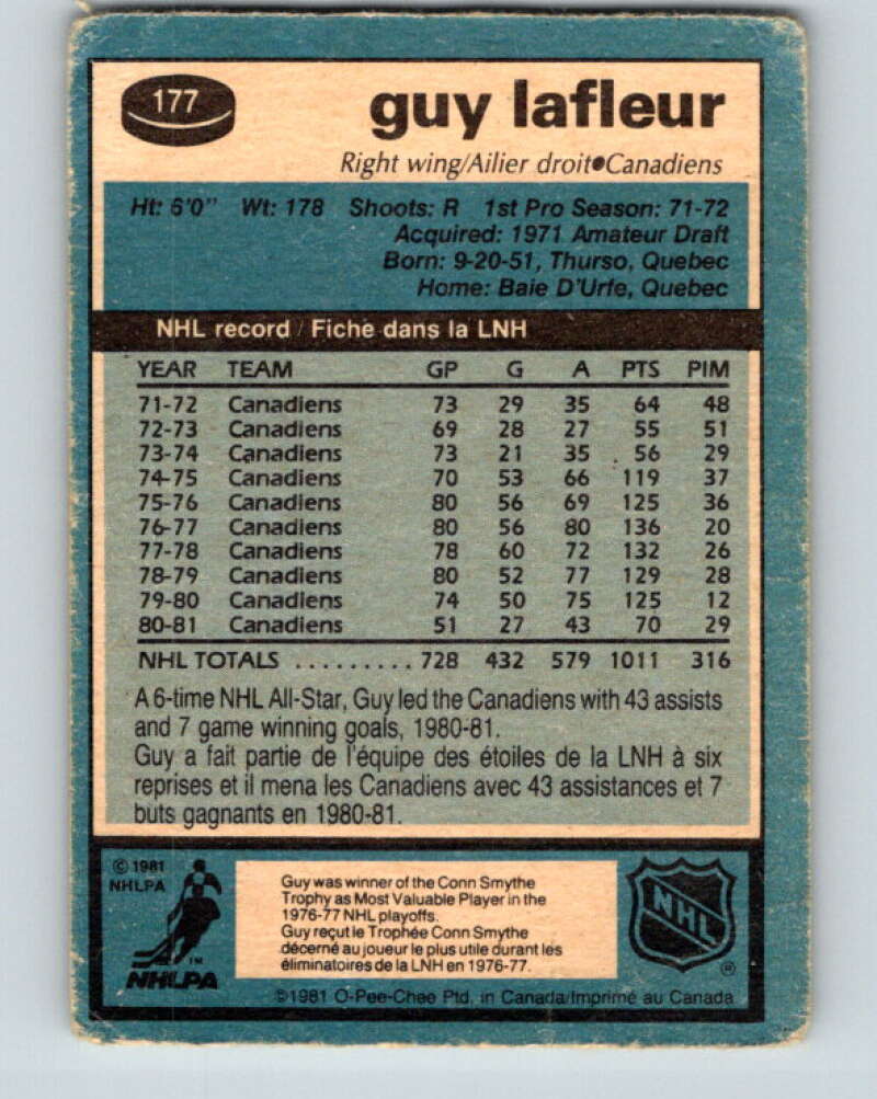 1981-82 O-Pee-Chee #177 Guy Lafleur Montreal Canadiens V30717