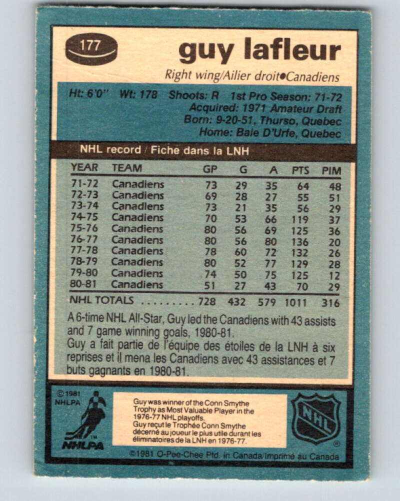 1981-82 O-Pee-Chee #177 Guy Lafleur Montreal Canadiens V30721