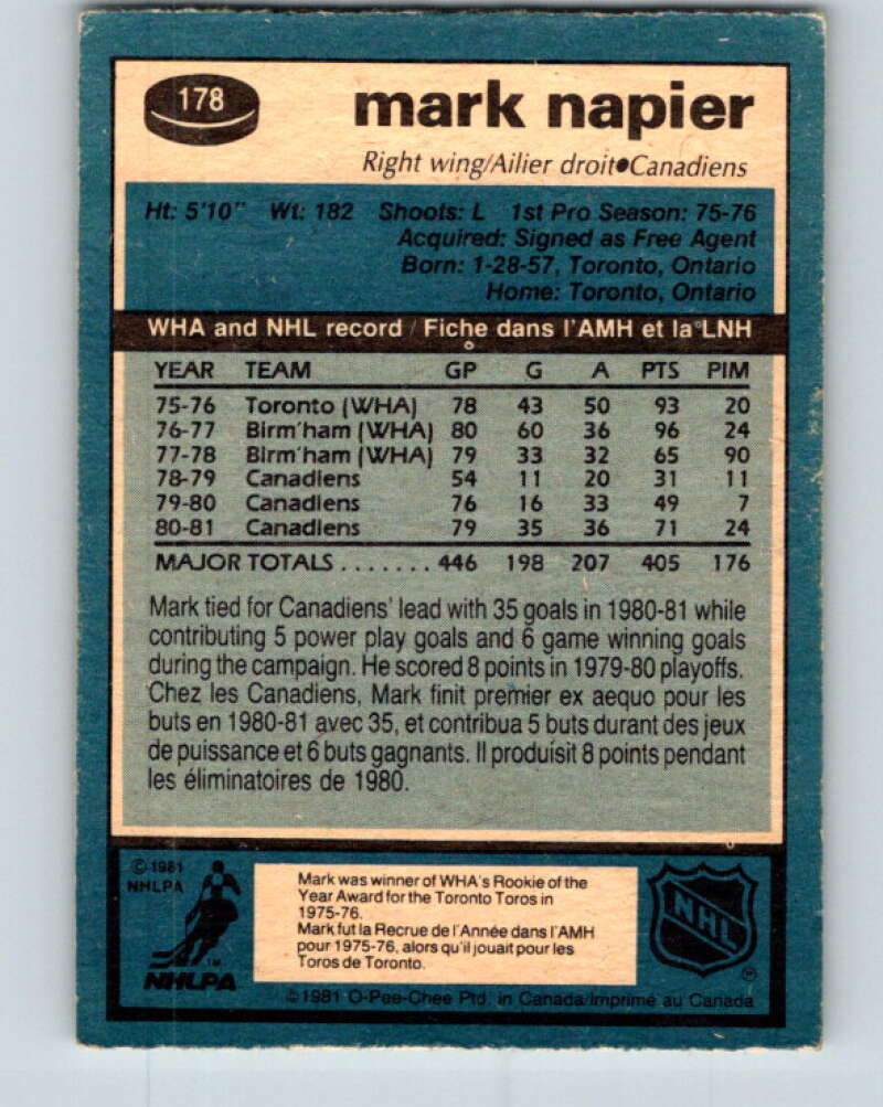 1981-82 O-Pee-Chee #178 Mark Napier Montreal Canadiens V30730