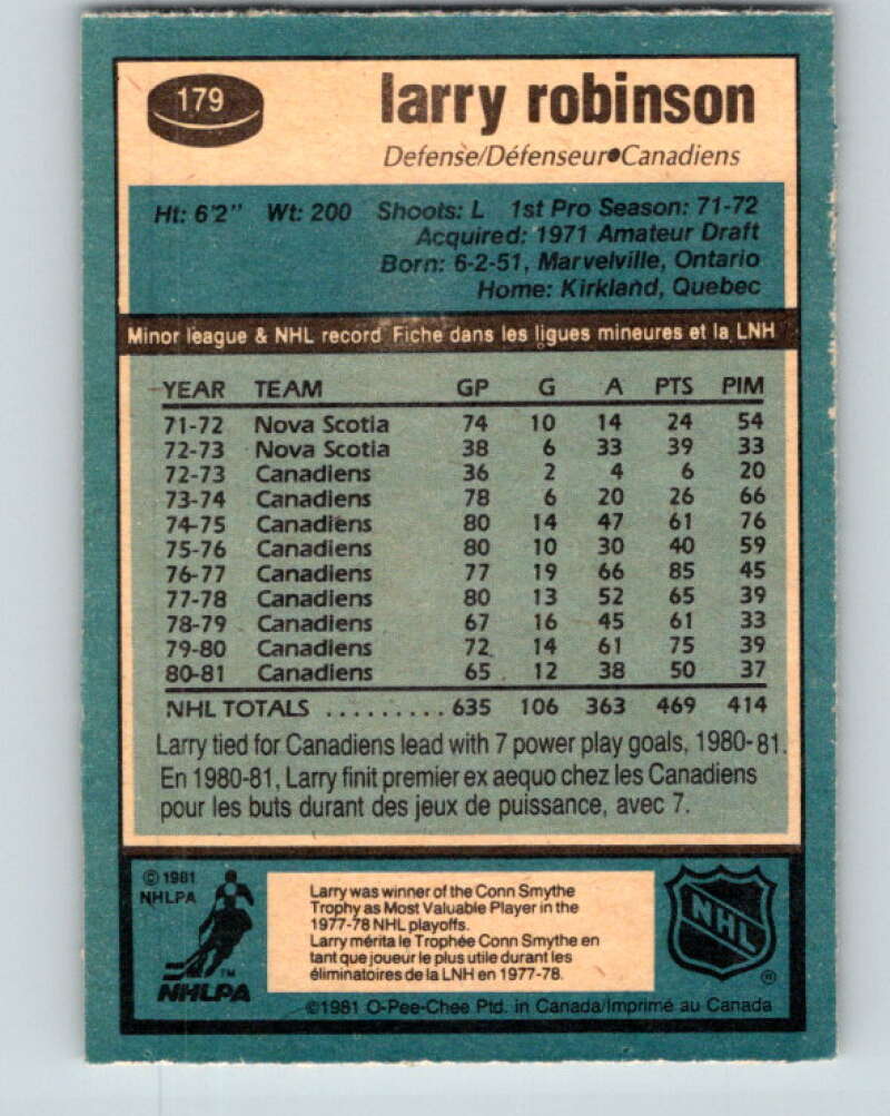 1981-82 O-Pee-Chee #179 Larry Robinson Montreal Canadiens V30732