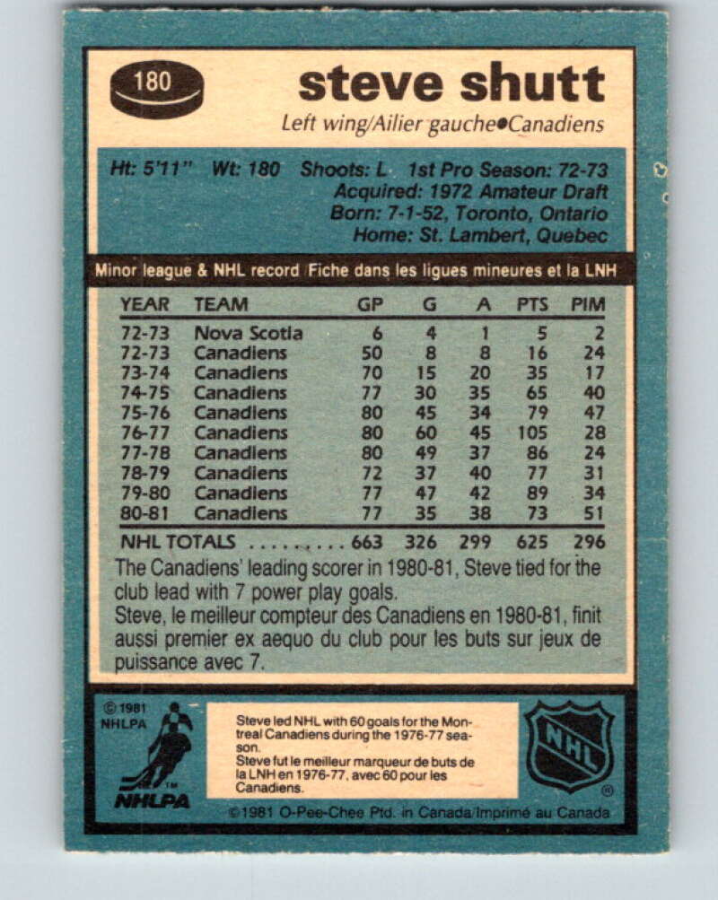 1981-82 O-Pee-Chee #180 Steve Shutt Montreal Canadiens V30742