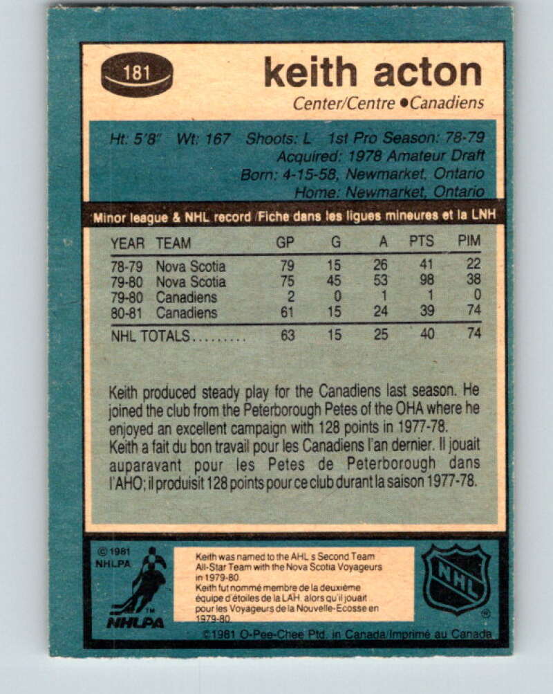 1981-82 O-Pee-Chee #181 Keith Acton RC Rookie Montreal Canadiens V30743