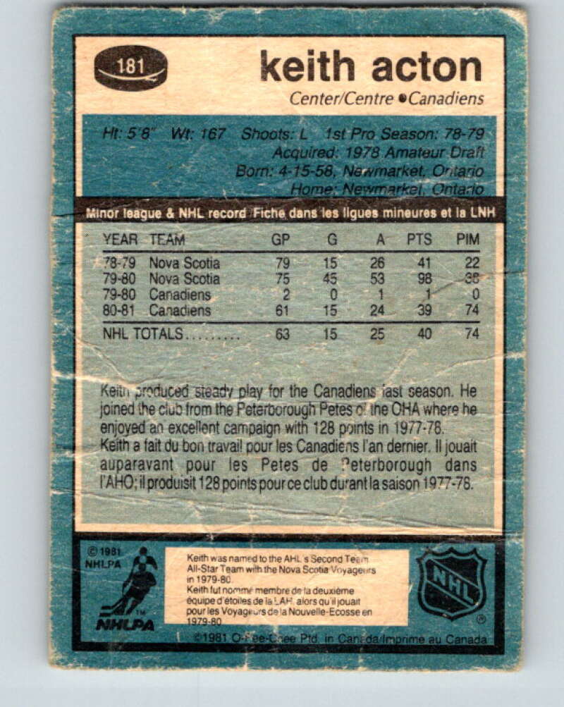 1981-82 O-Pee-Chee #181 Keith Acton RC Rookie Montreal Canadiens V30744
