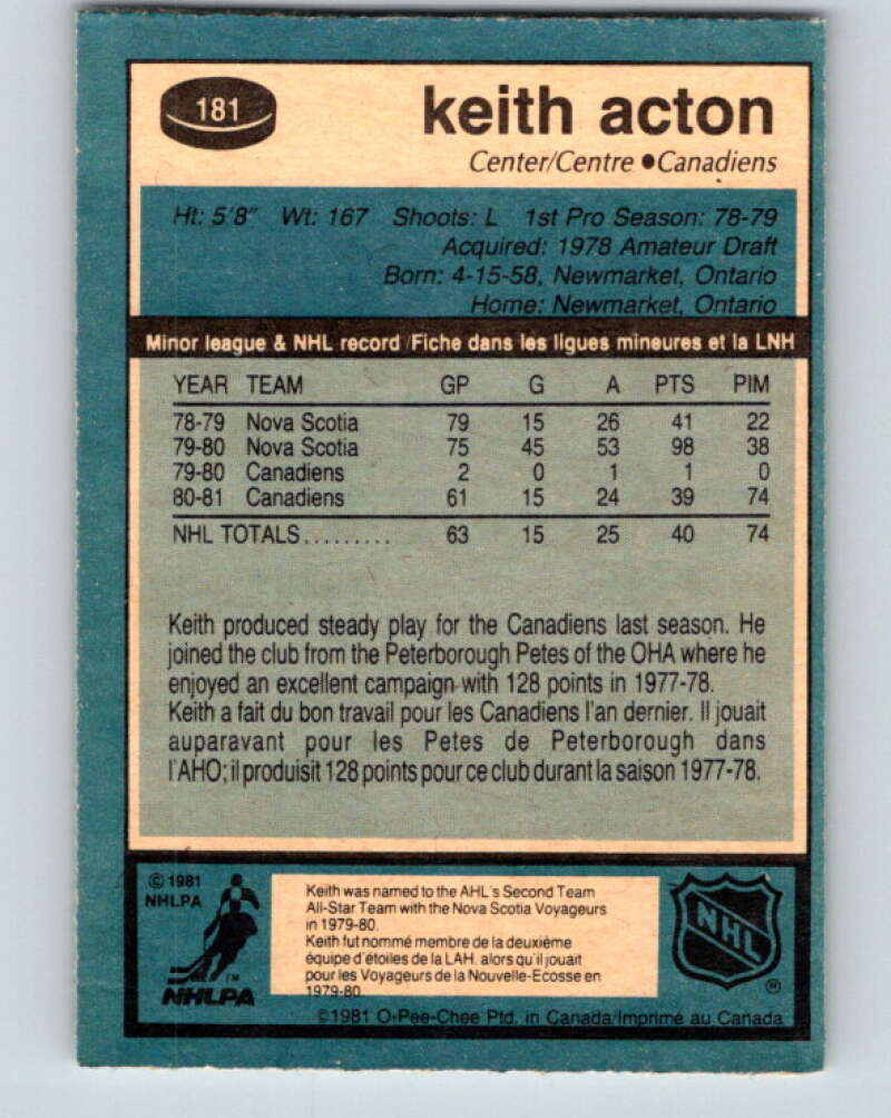 1981-82 O-Pee-Chee #181 Keith Acton RC Rookie Montreal Canadiens V30746