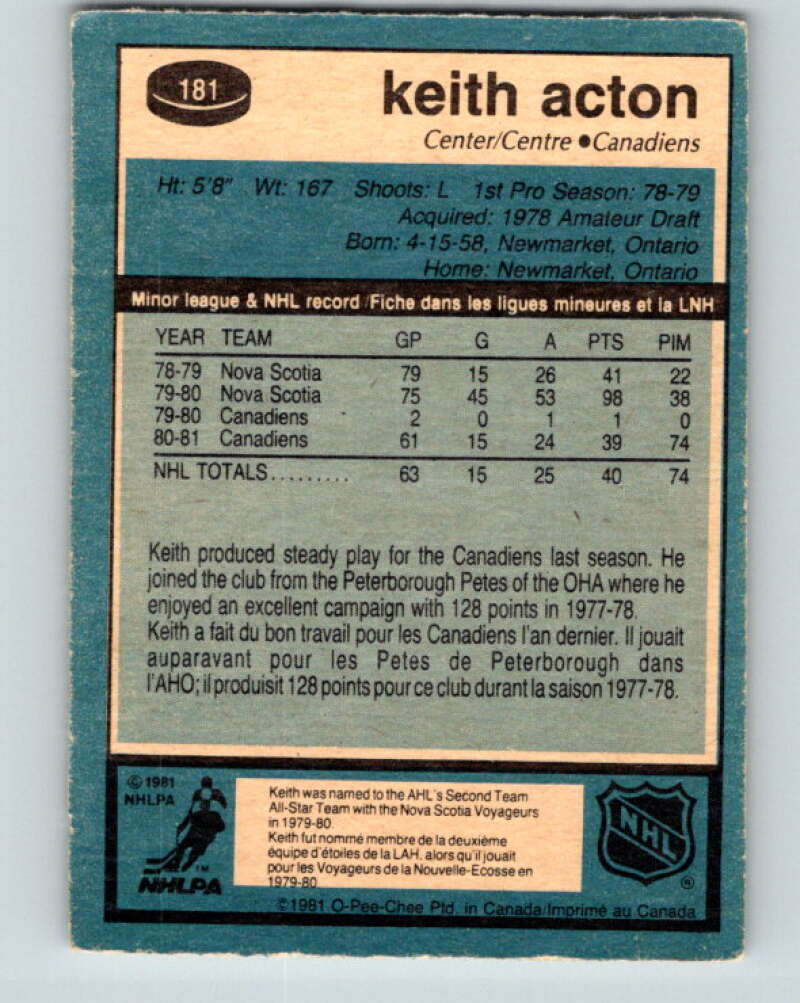 1981-82 O-Pee-Chee #181 Keith Acton RC Rookie Montreal Canadiens V30747