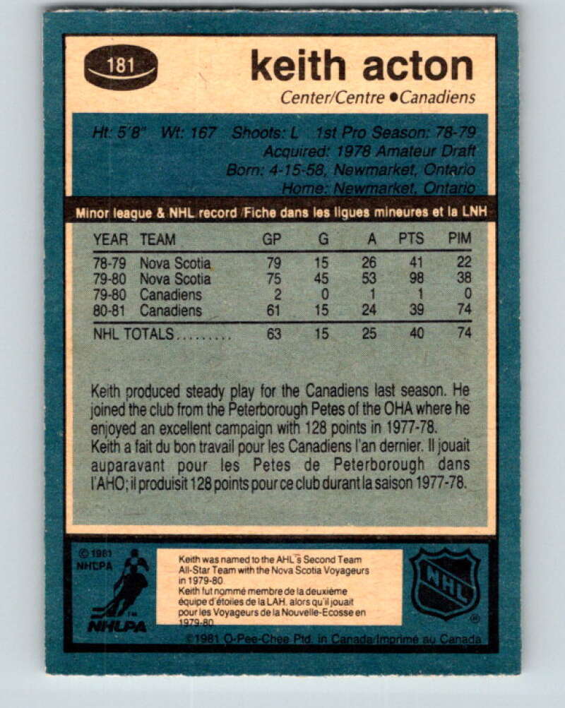 1981-82 O-Pee-Chee #181 Keith Acton RC Rookie Montreal Canadiens V30749