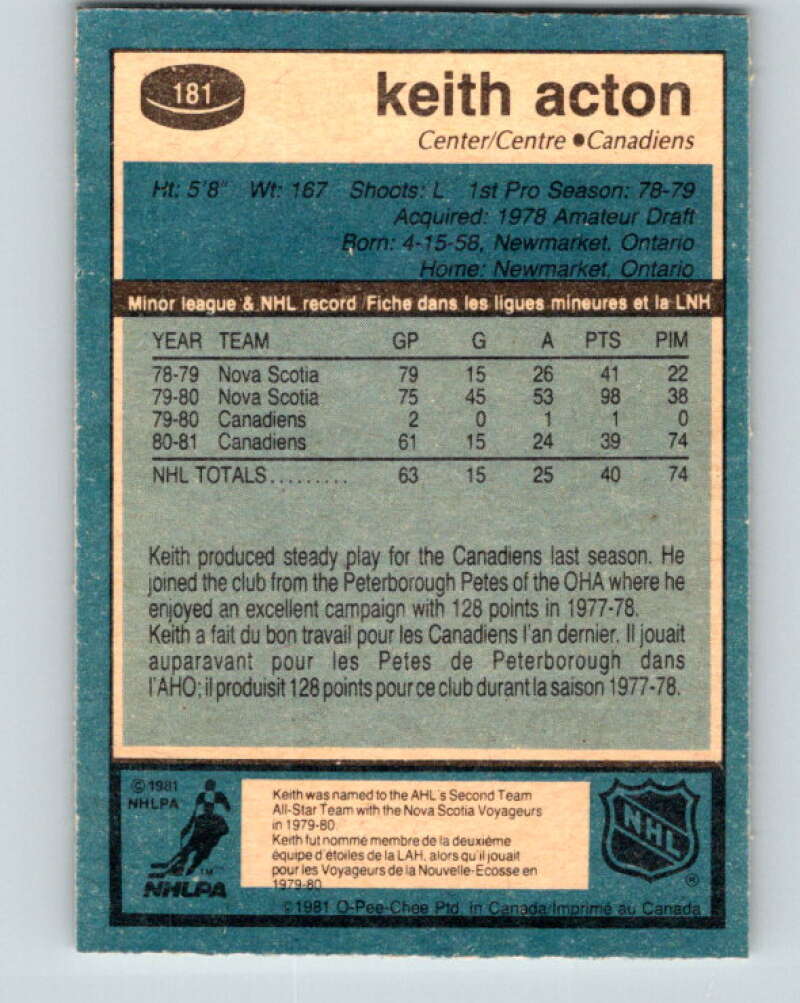 1981-82 O-Pee-Chee #181 Keith Acton RC Rookie Montreal Canadiens V30750