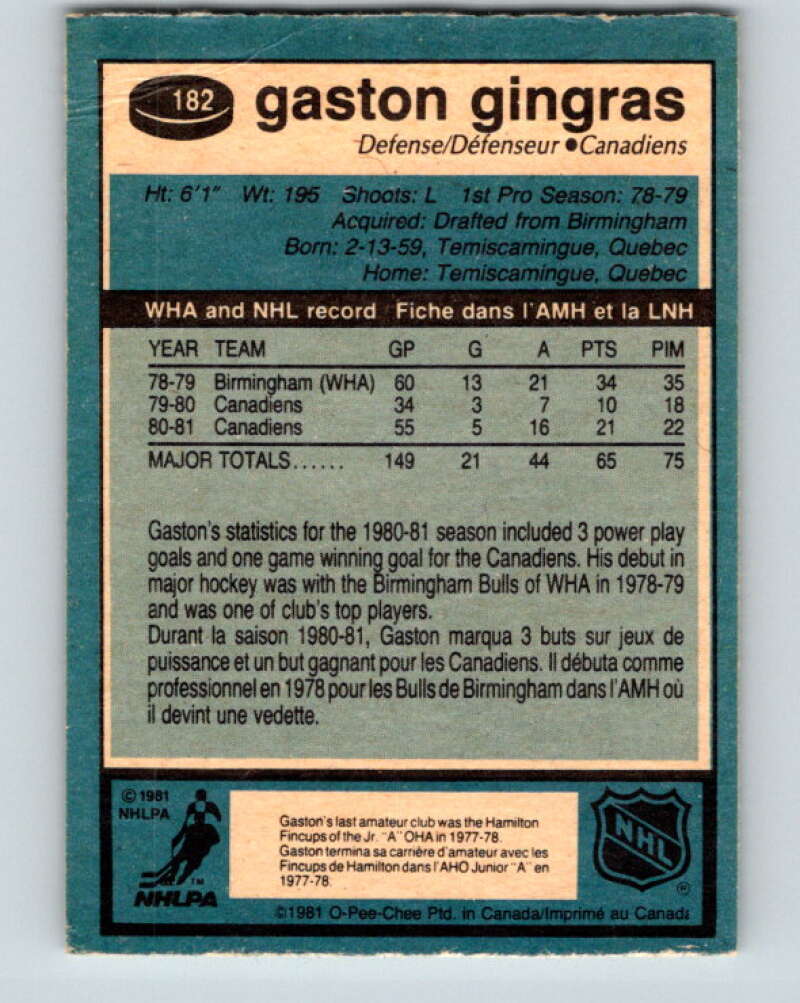 1981-82 O-Pee-Chee #182 Gaston Gingras Montreal Canadiens V30752