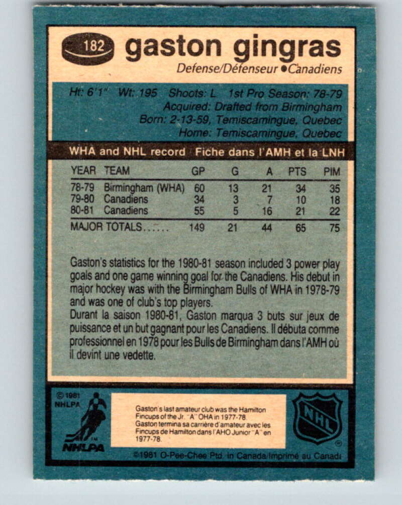 1981-82 O-Pee-Chee #182 Gaston Gingras Montreal Canadiens V30755