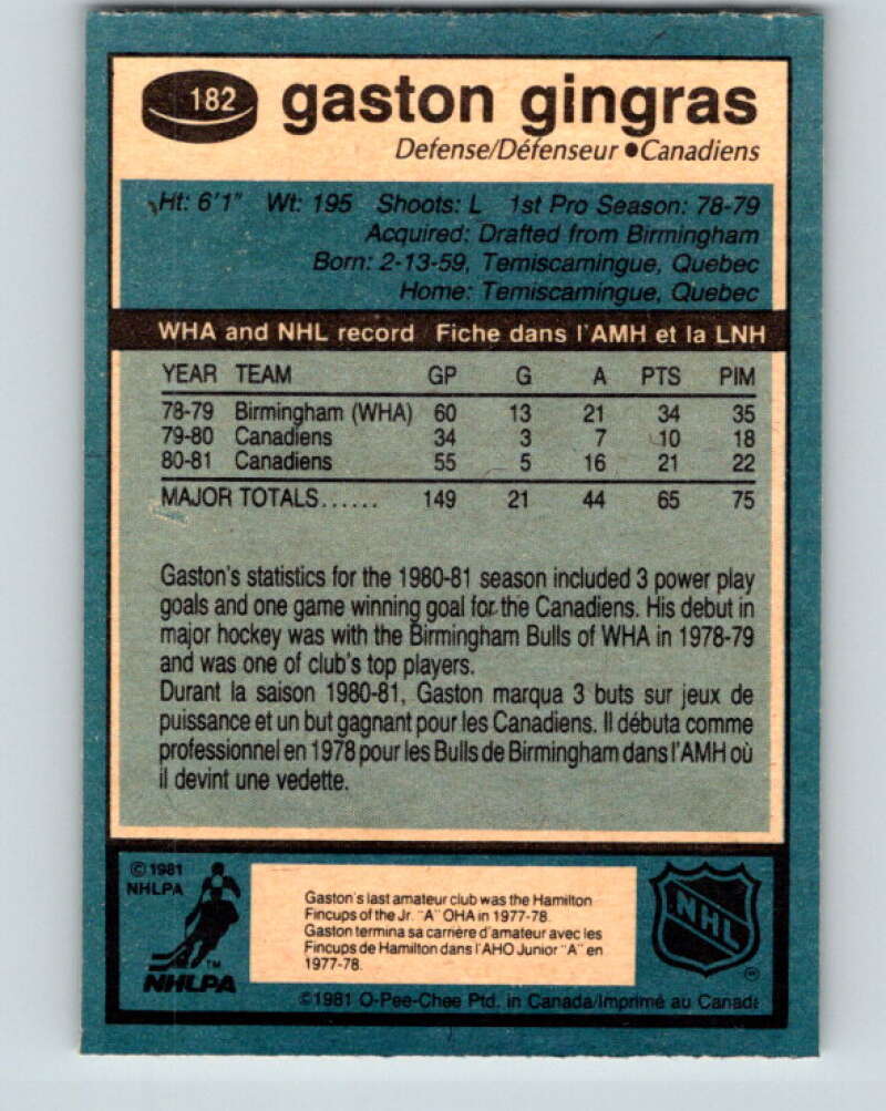1981-82 O-Pee-Chee #182 Gaston Gingras Montreal Canadiens V30759