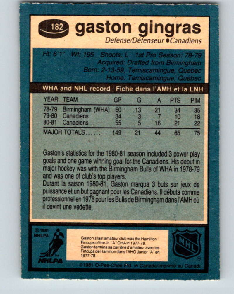 1981-82 O-Pee-Chee #182 Gaston Gingras Montreal Canadiens V30760