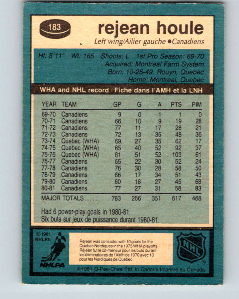 1981-82 O-Pee-Chee #183 Rejean Houle Montreal Canadiens V30765