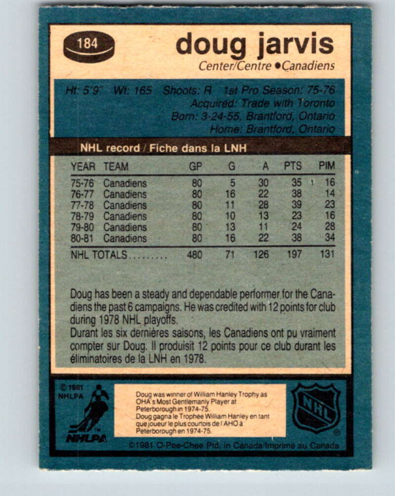 1981-82 O-Pee-Chee #184 Doug Jarvis Montreal Canadiens V30772